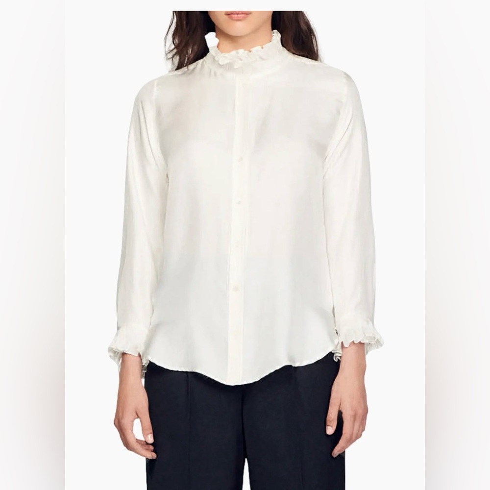 NWT Sandro Women's Cream Ruffle Blouse - Picture 2 of 6